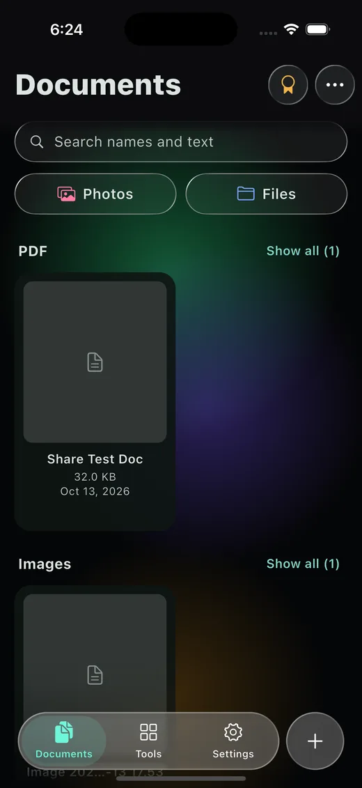 LectoScan library in dark mode with a glass tab bar.