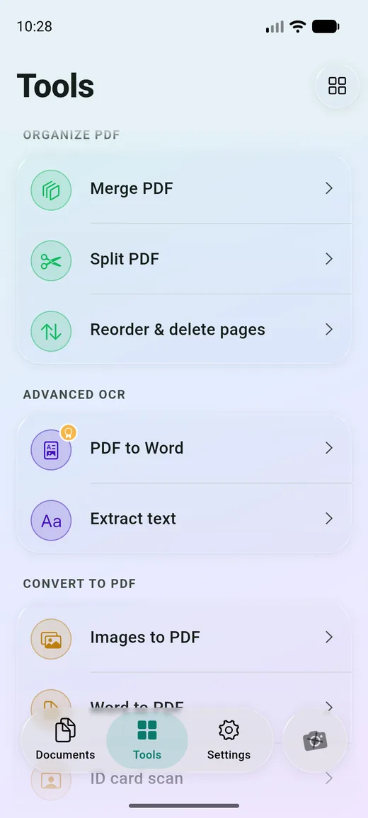 The Tools tab listing merge, split, reorder and conversion tools.