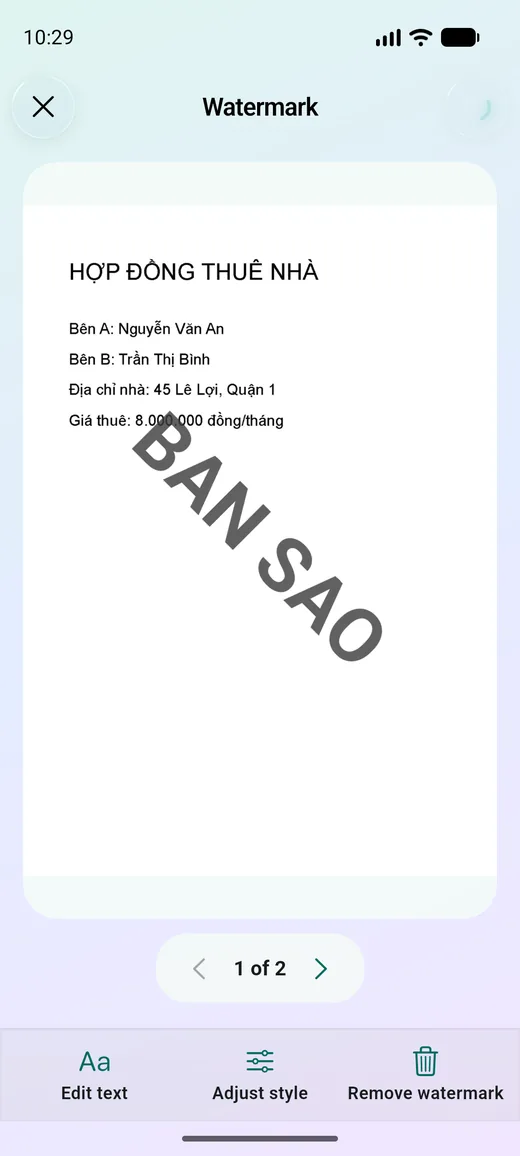 Watermark tool previewing the text “BẢN SAO” over a contract.